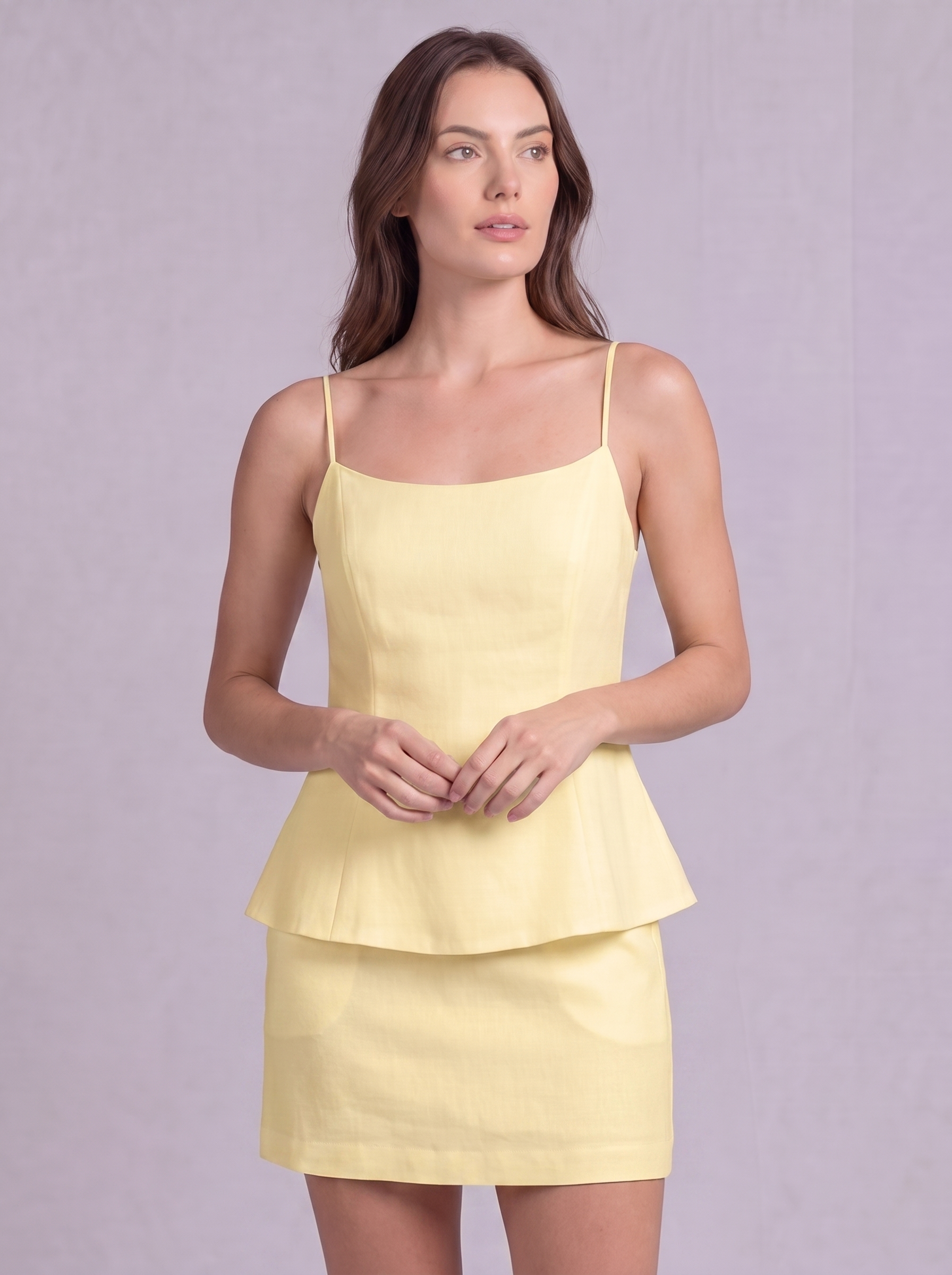 Linen Cotton Double Layer Cami Top & Mini Skirt Co-ord in Butter Yellow