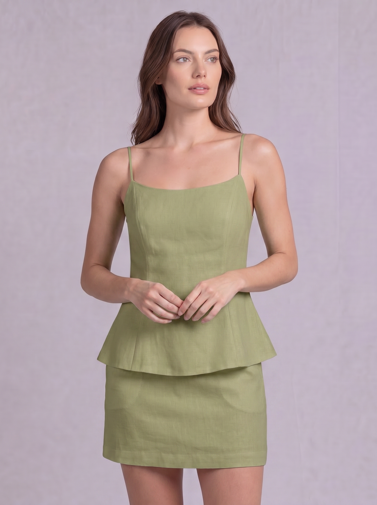 Linen Cotton Double Layer Cami Top & Mini Skirt Co-ord in Light Olive