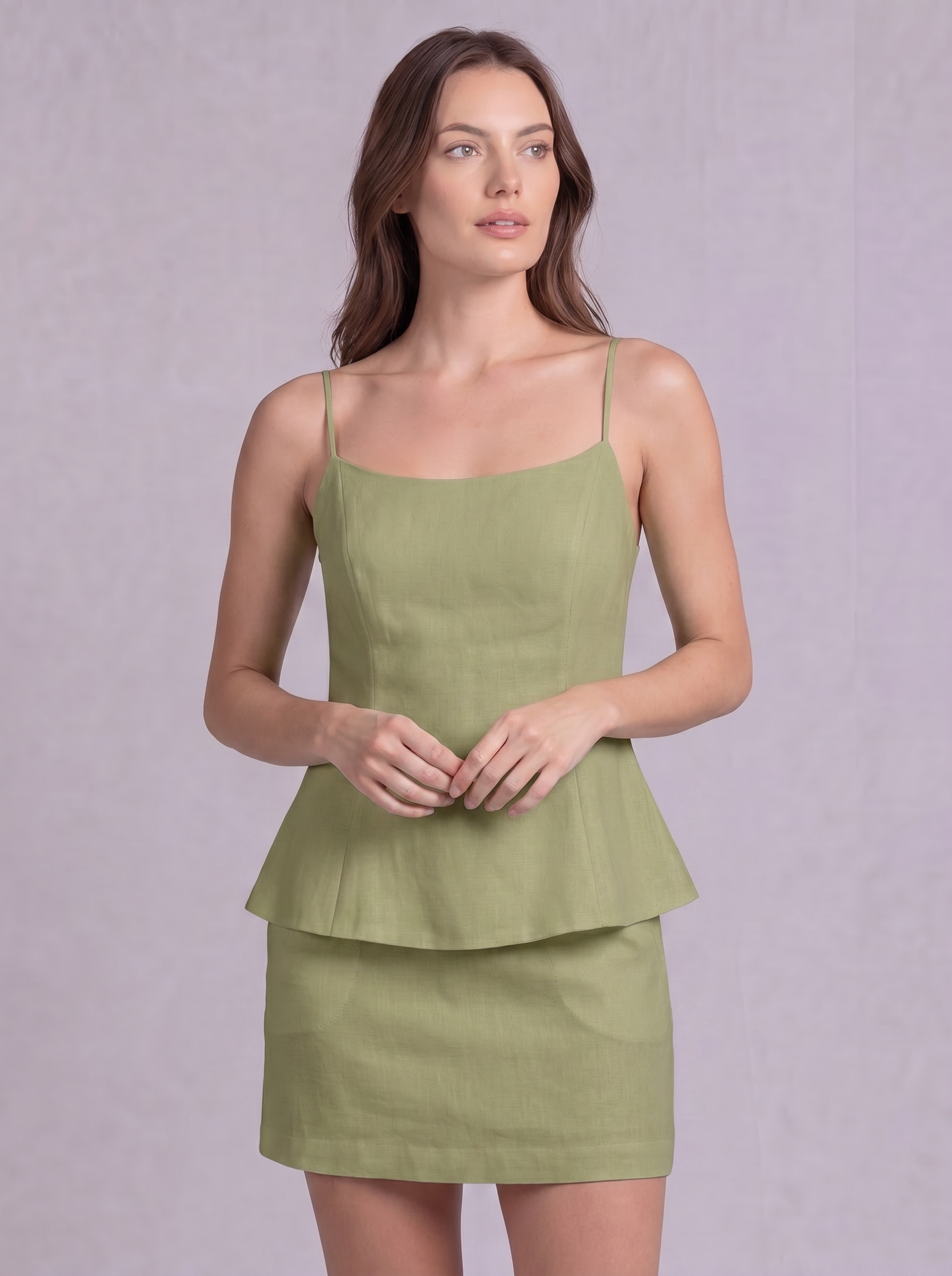 Linen Cotton Double Layer Cami Top & Mini Skirt Co-ord in Light Olive
