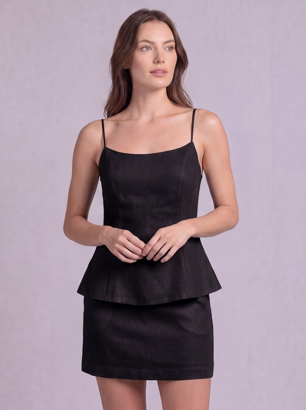 Linen Cotton Double Layer Cami Top & Mini Skirt Co-ord in Black
