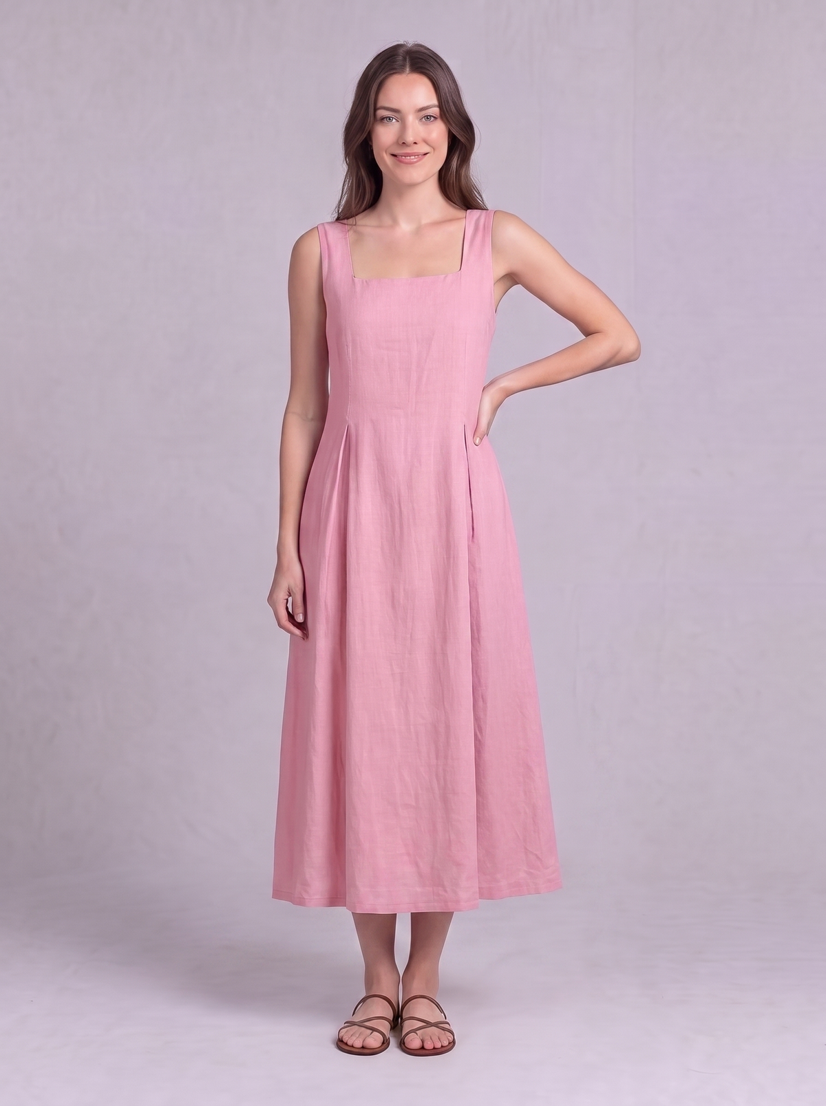 Linen Pleated Midi Dress in Soft Pink