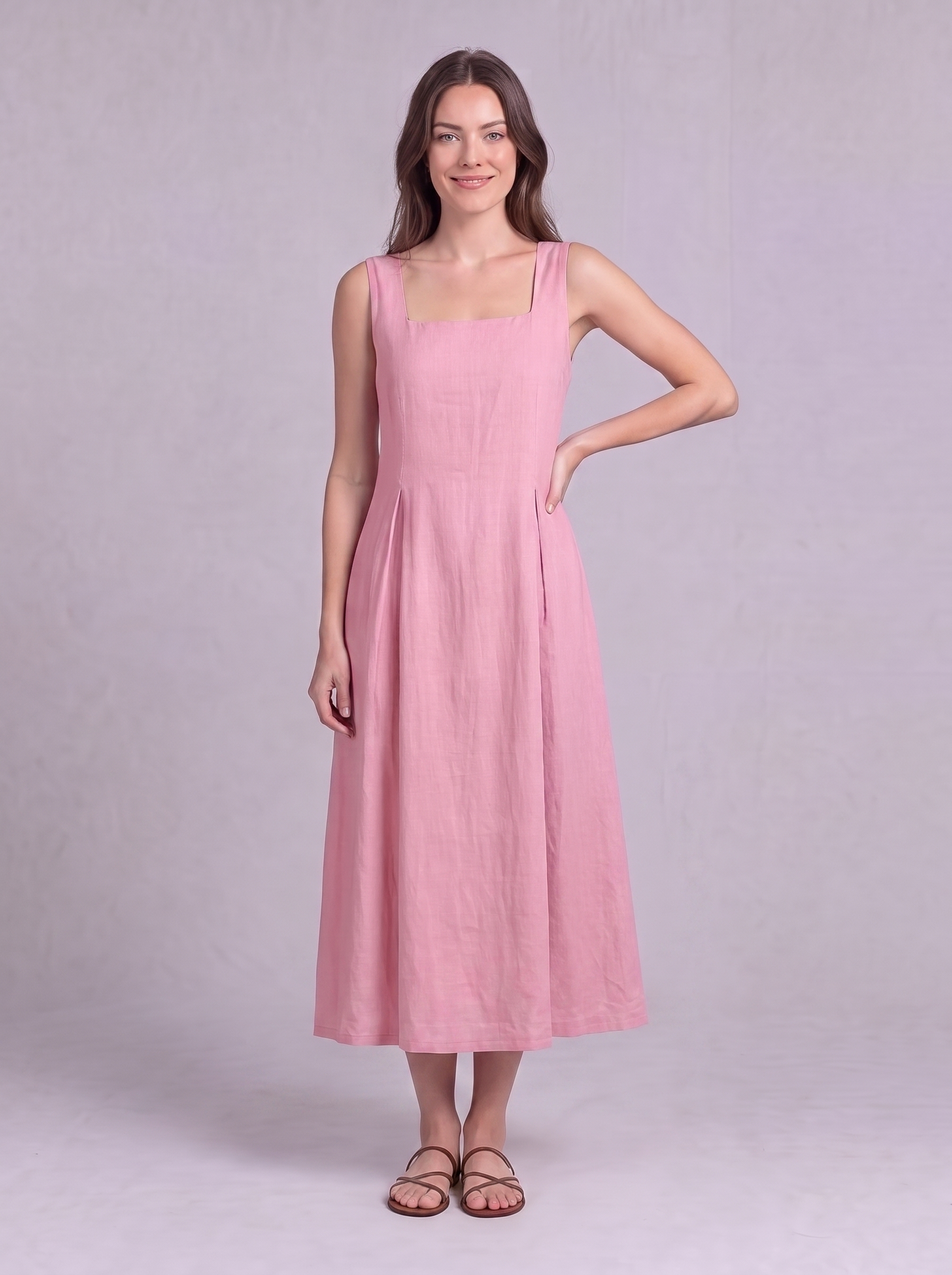 Linen Pleated Midi Dress in Soft Pink