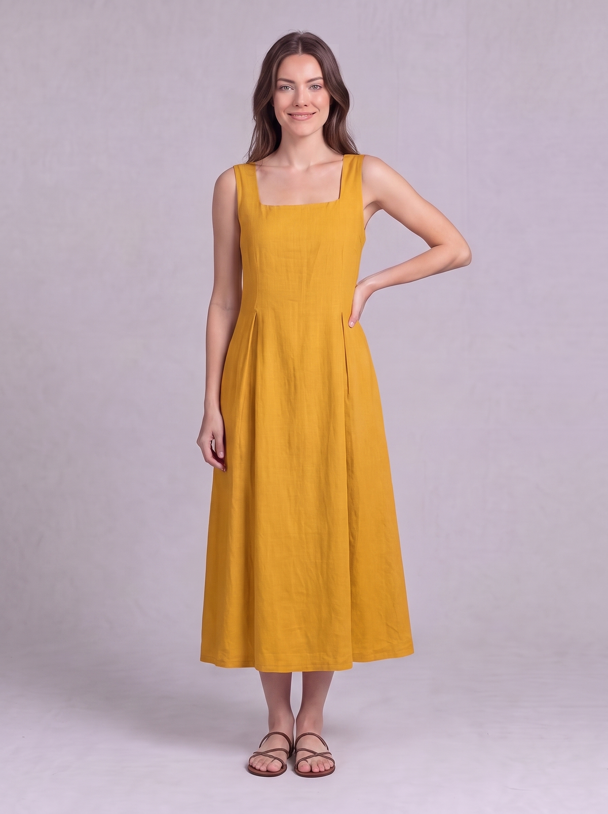 Linen Pleated Midi Dress in Mustard