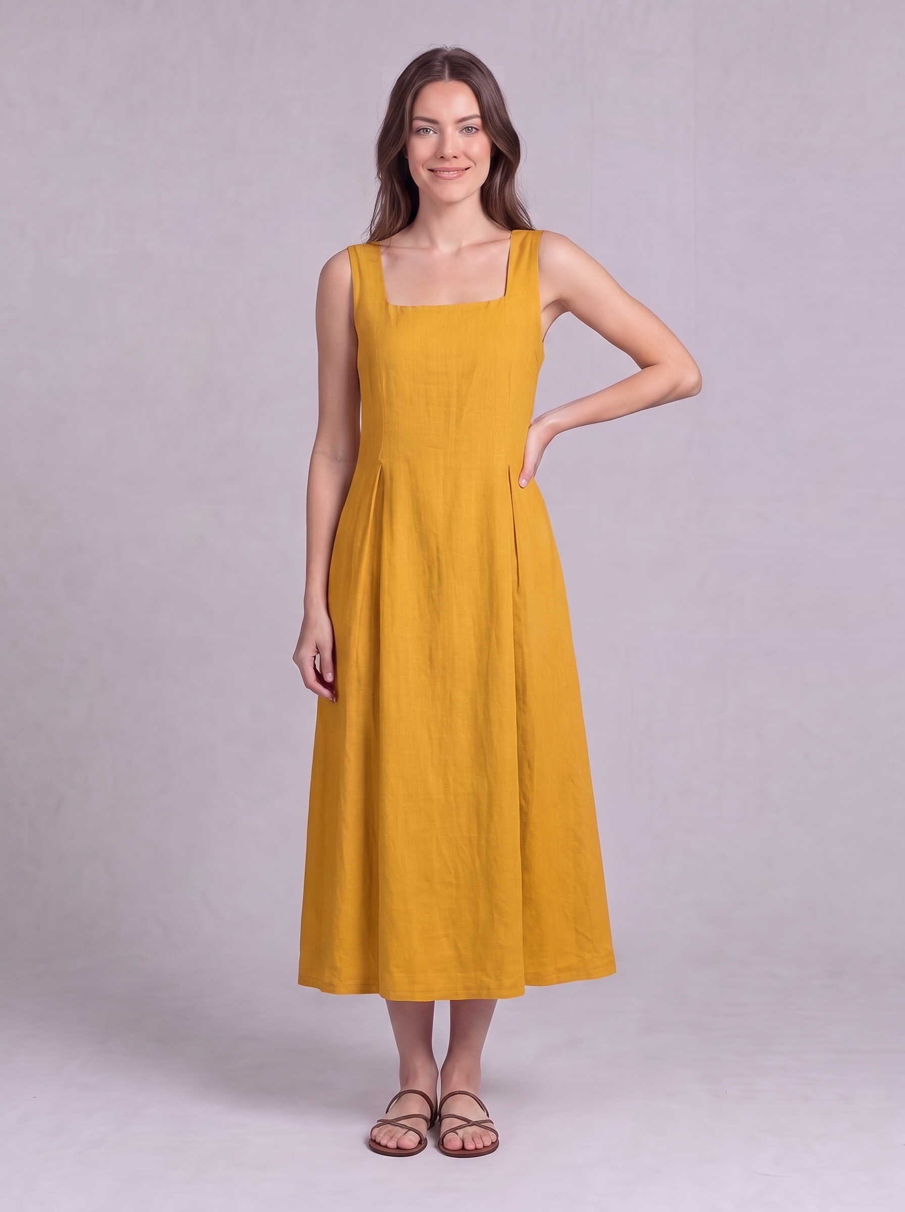 Linen Pleated Midi Dress in Mustard
