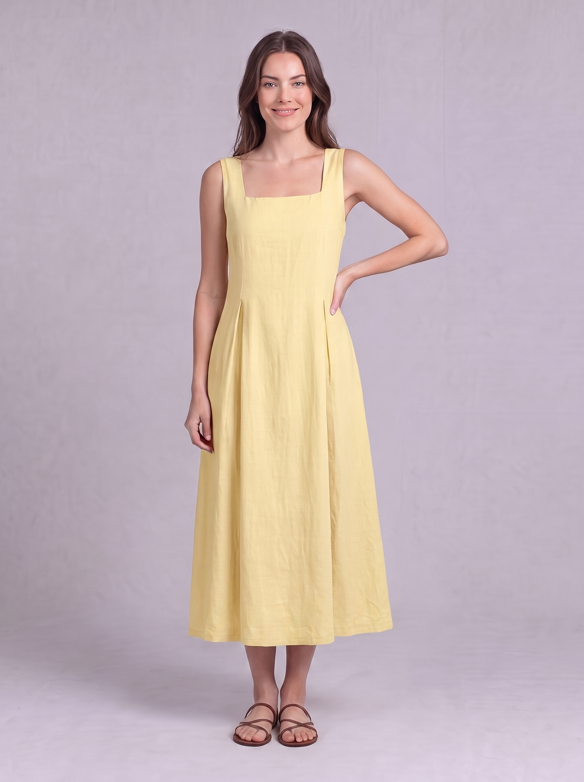 Linen Pleated Midi Dress in Butter Yellow