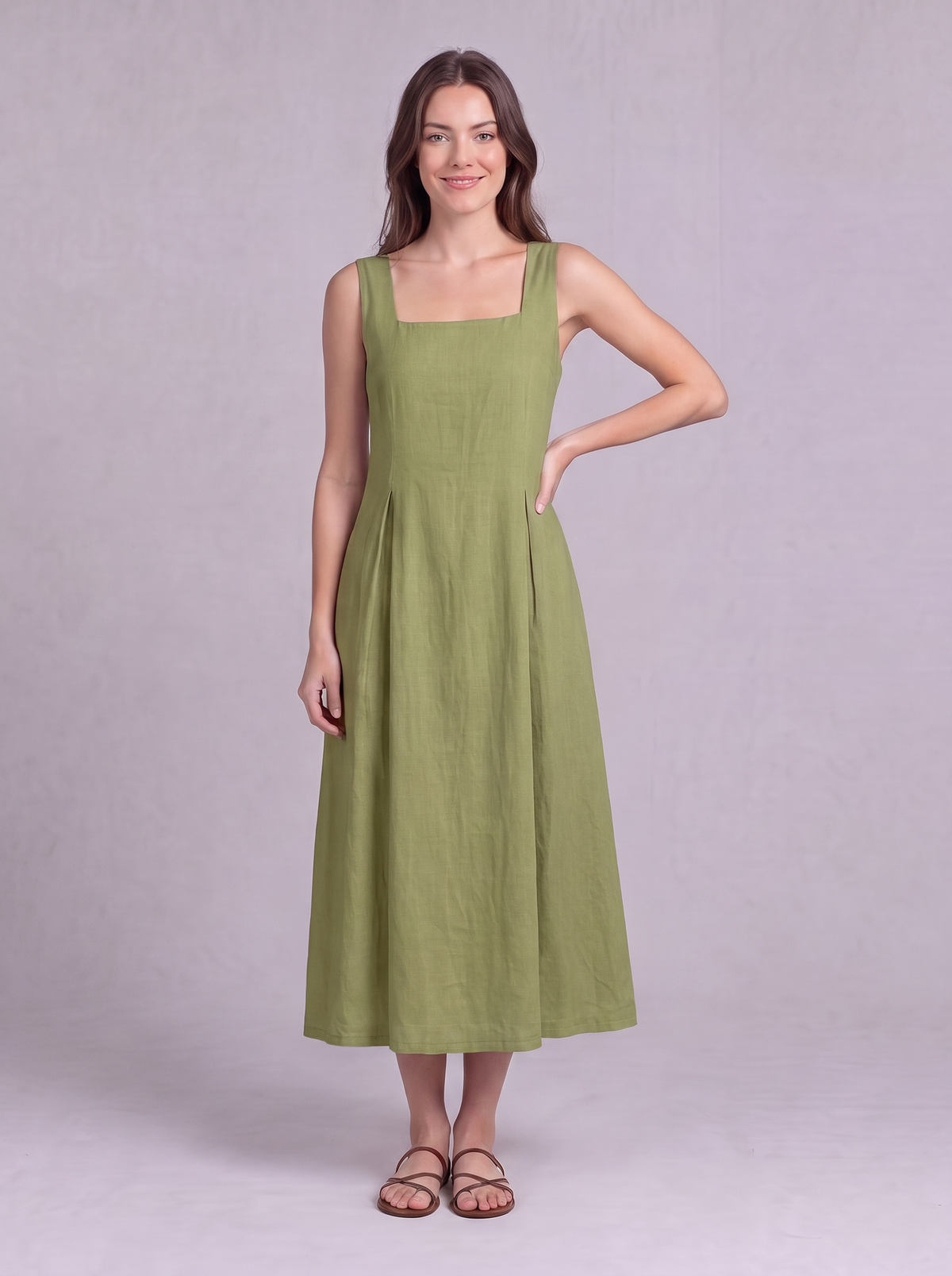 Linen Pleated Midi Dress in Light Olive
