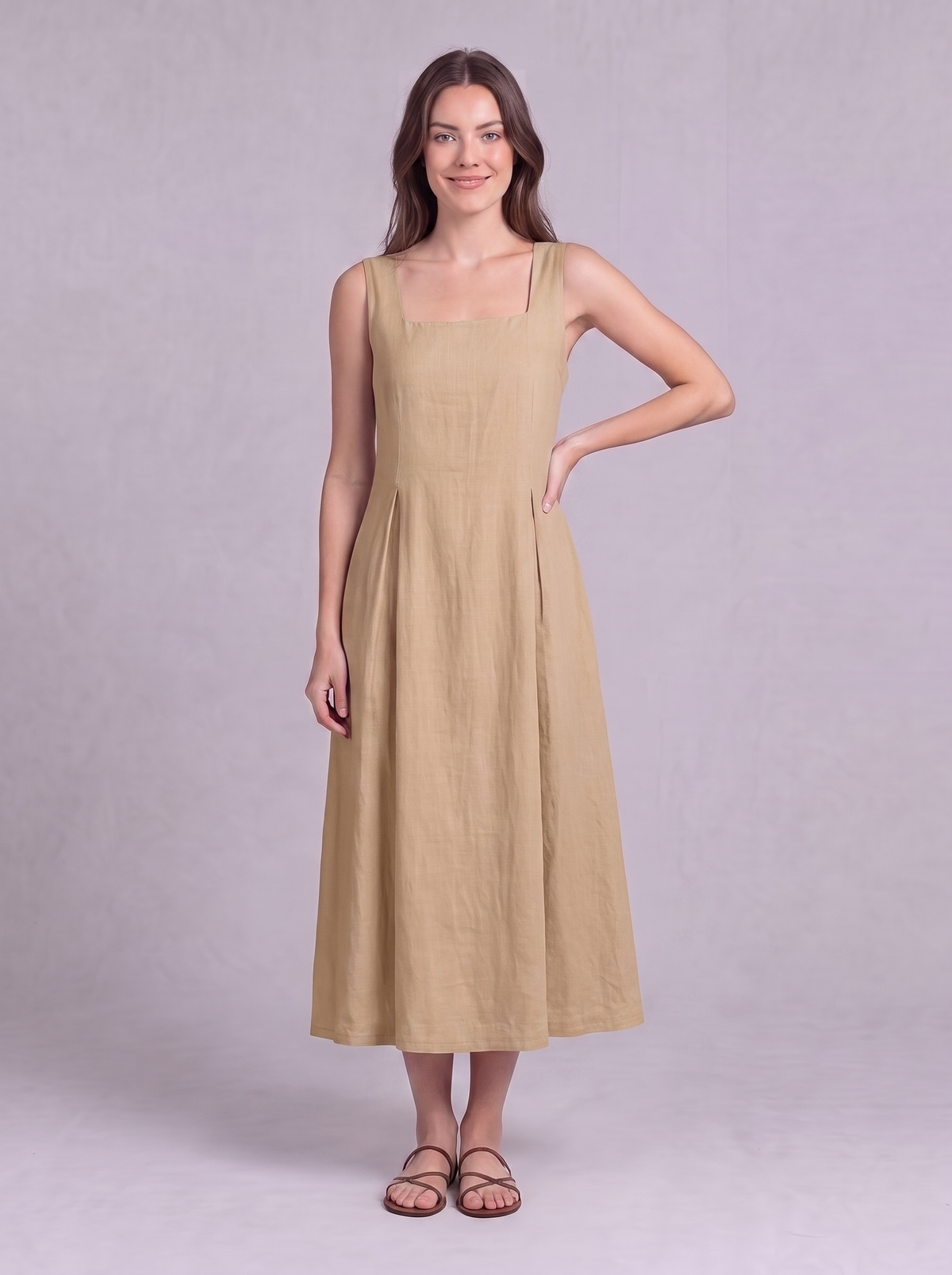 Linen Pleated Midi Dress in Beige