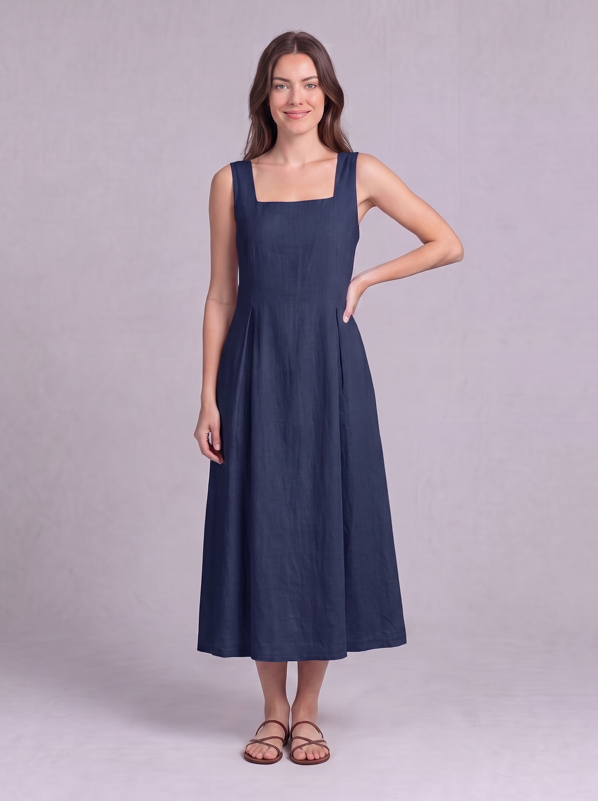Linen Pleated Midi Dress in Dark Blue