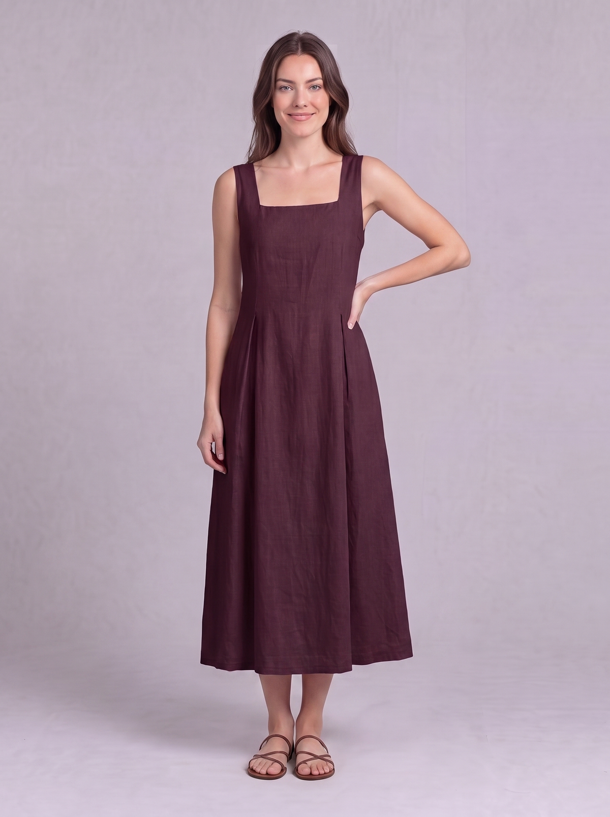 Linen Pleated Midi Dress in Burnt Maroon