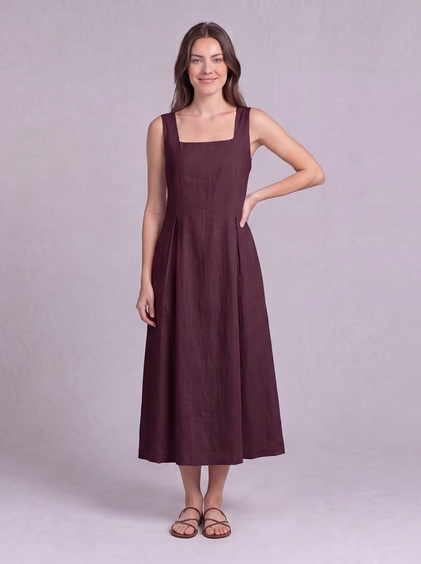 Linen Pleated Midi Dress in Burnt Maroon