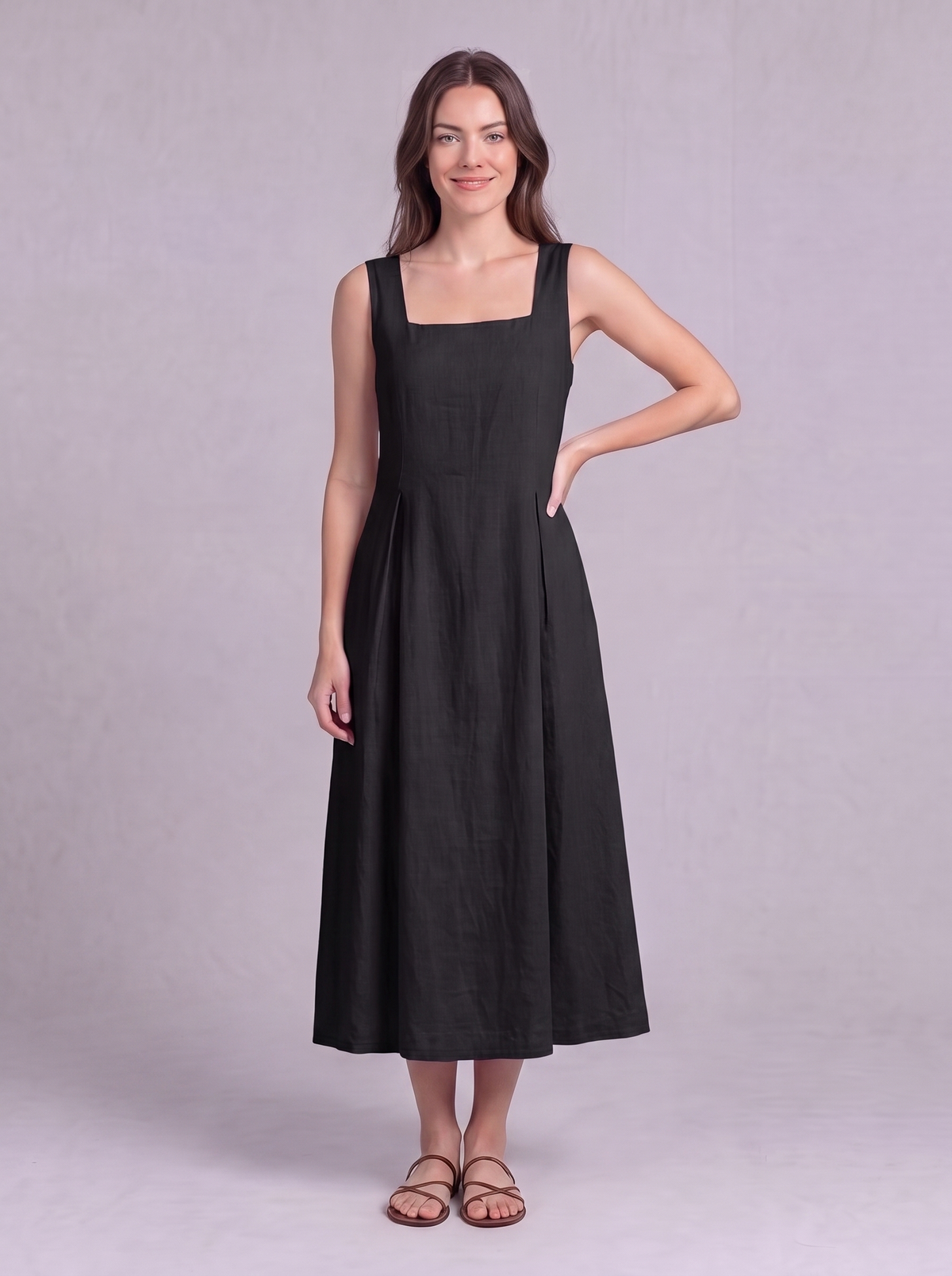 Linen Pleated Midi Dress in Black