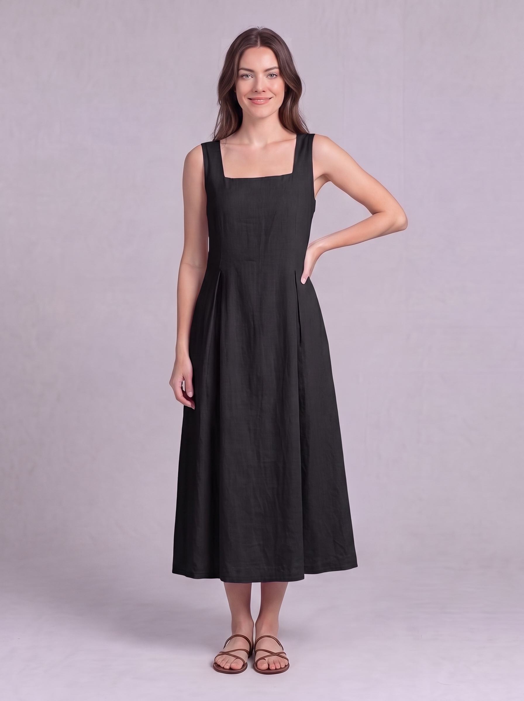 Linen Pleated Midi Dress in Black