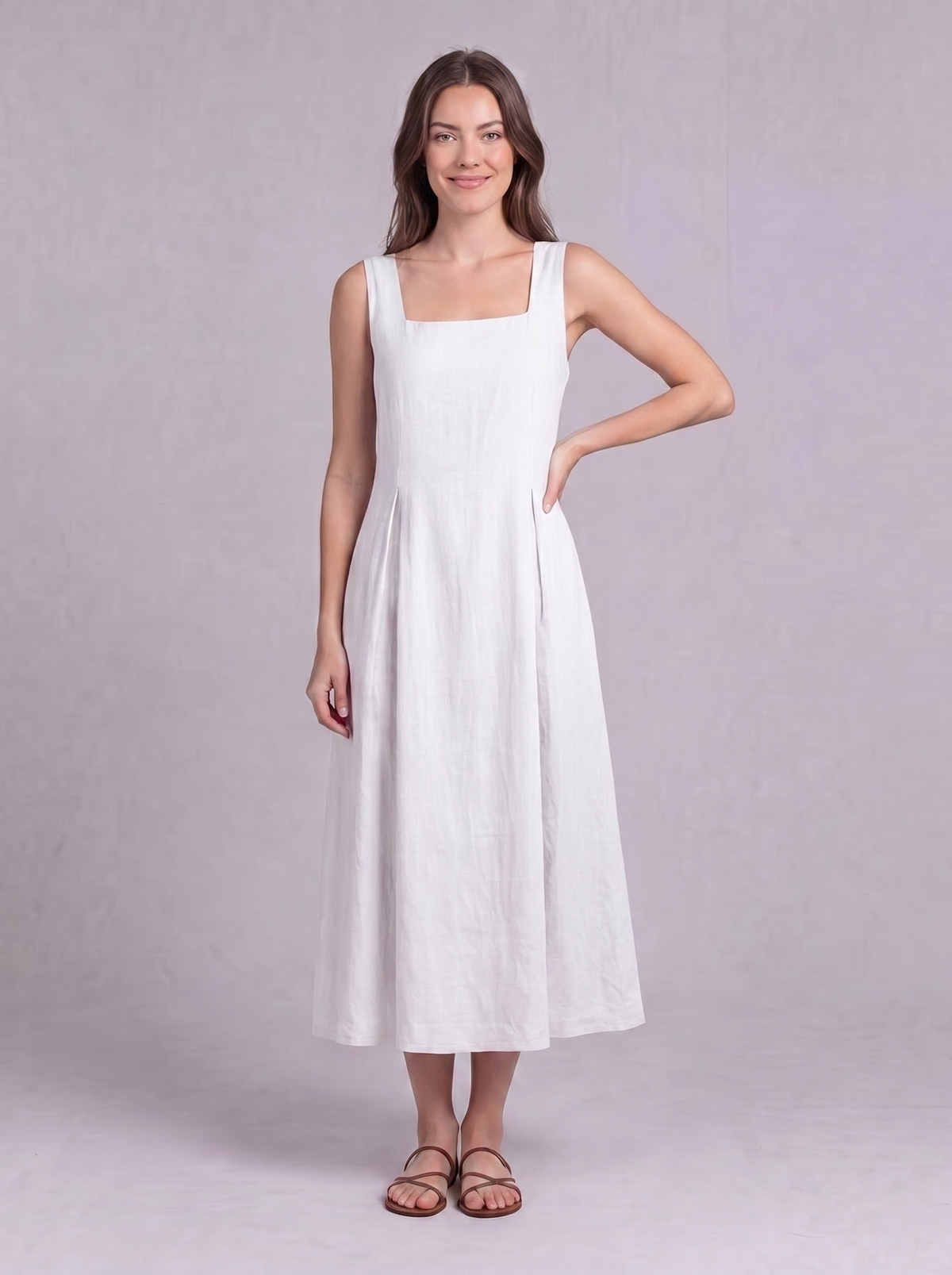Linen Pleated Midi Dress in White