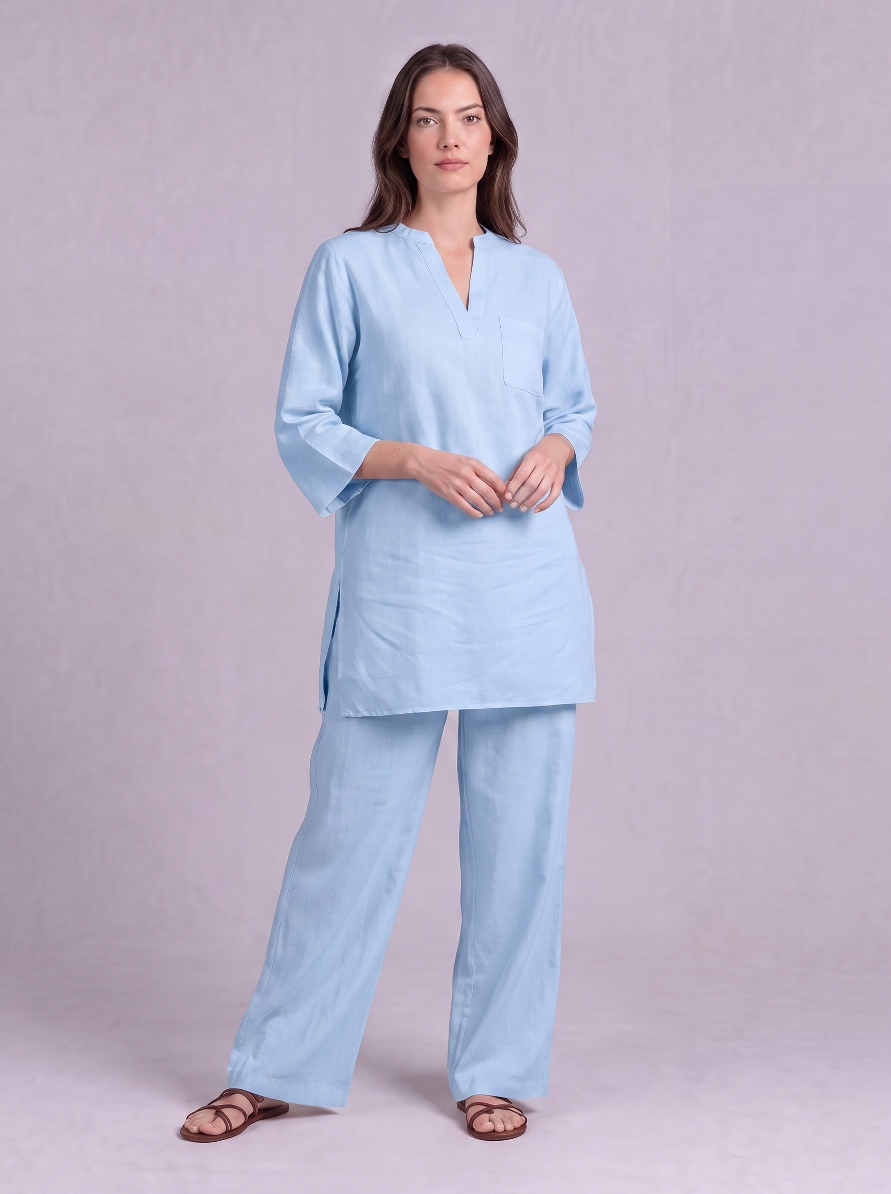 Linen Cotton Tunic & Straight Trouser Co-ord Set in Powder Blue