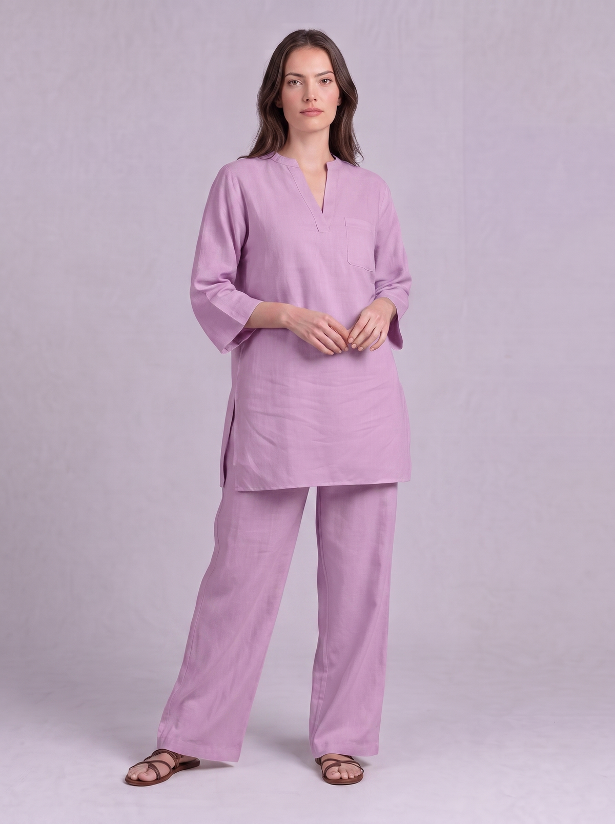 Linen Cotton Tunic & Straight Trouser Co-ord Set in Lilac