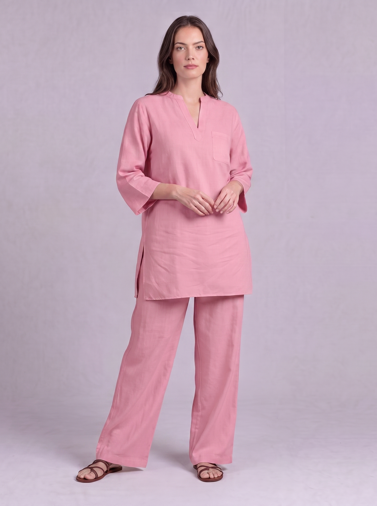 Linen Cotton Tunic & Straight Trouser Co-ord Set in Soft Pink