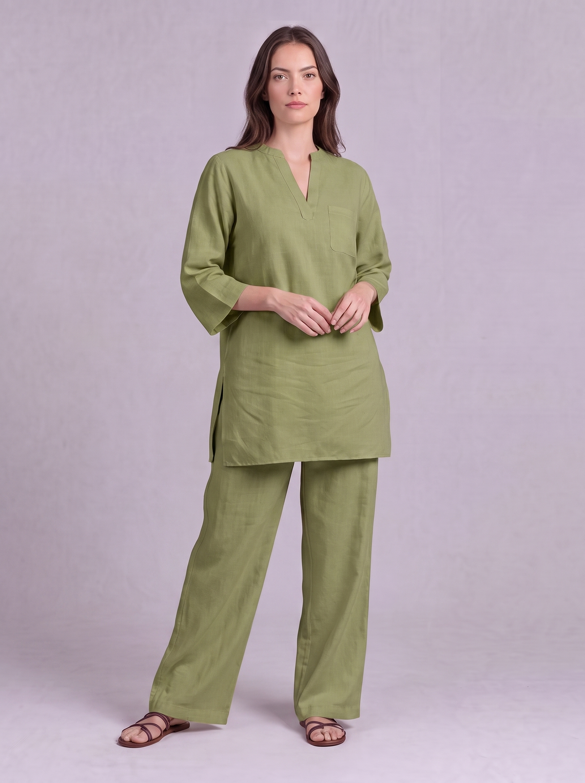 Linen Cotton Tunic & Straight Trouser Co-ord Set in Light Olive