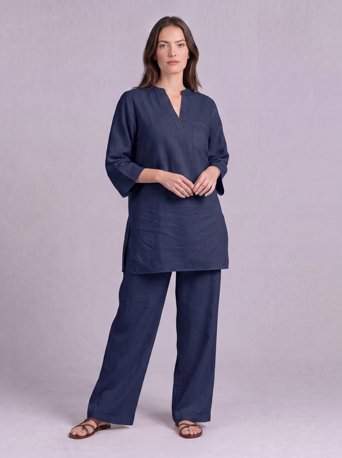 Linen Cotton Tunic & Straight Trouser Co-ord Set in Dark Blue