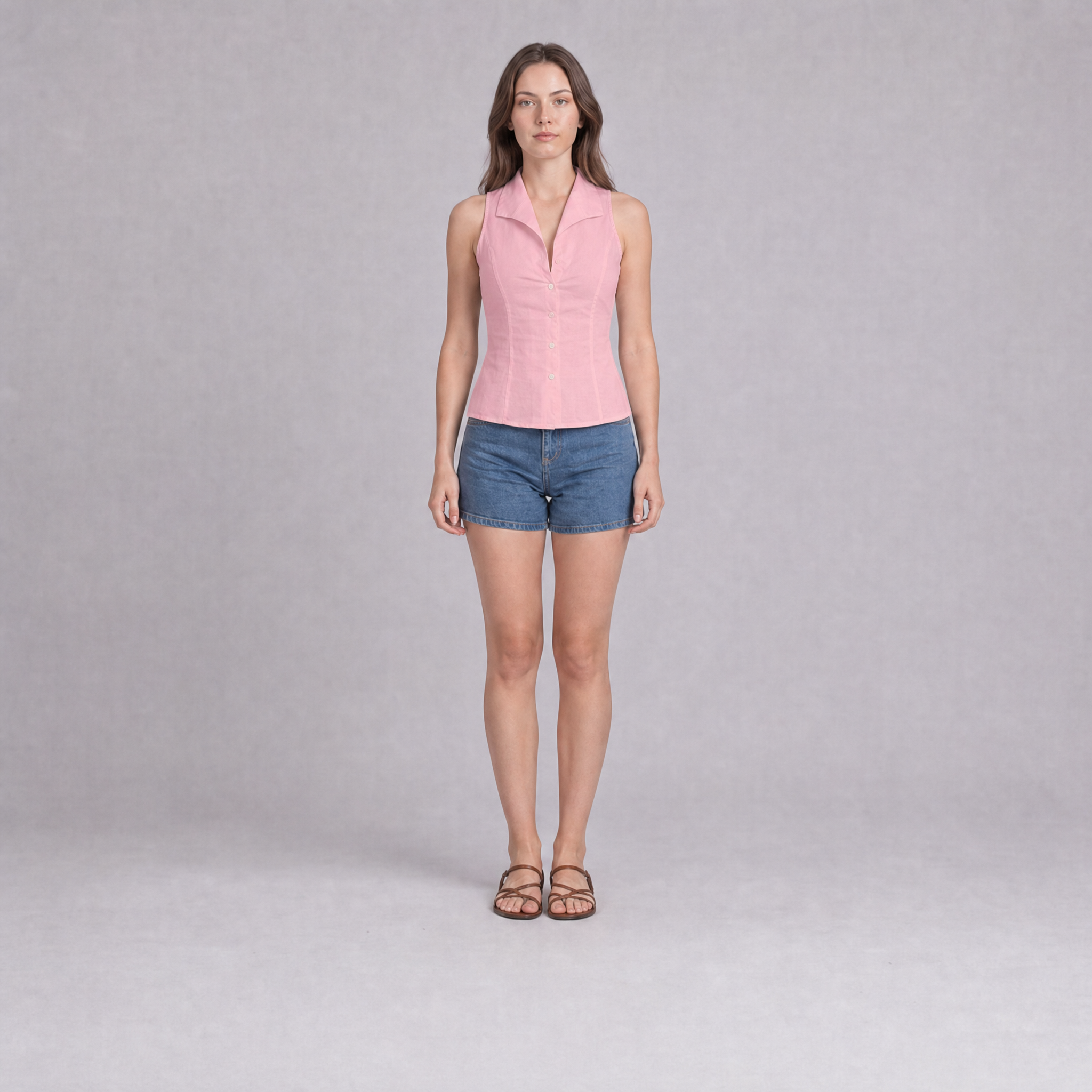 Sleeveless Notch Collar Shirt — Soft Pink