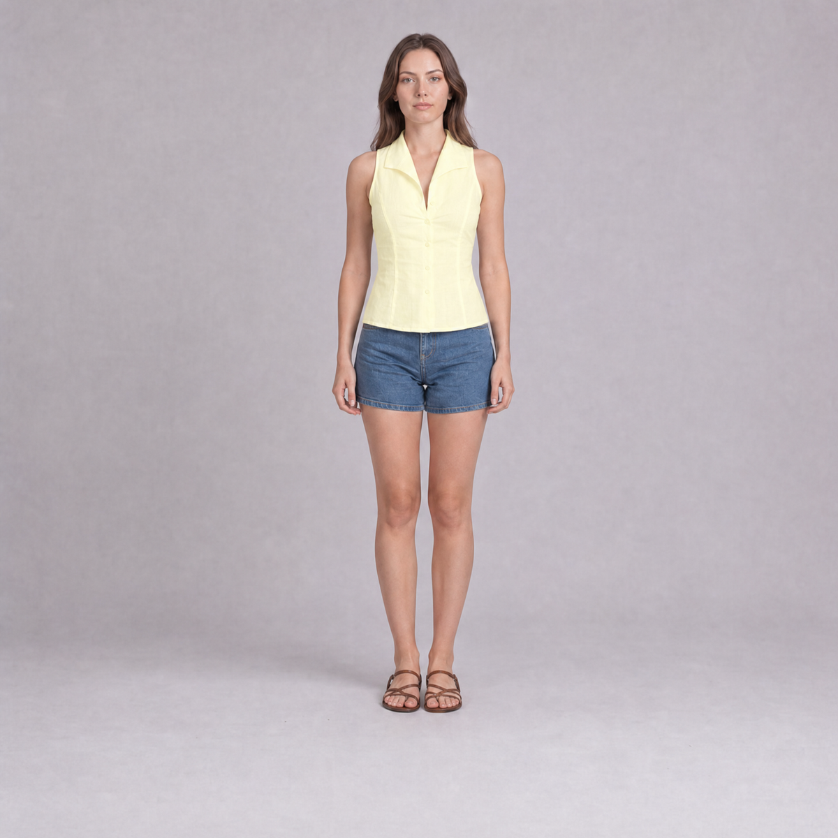 Sleeveless Notch Collar Shirt — Butter Yellow