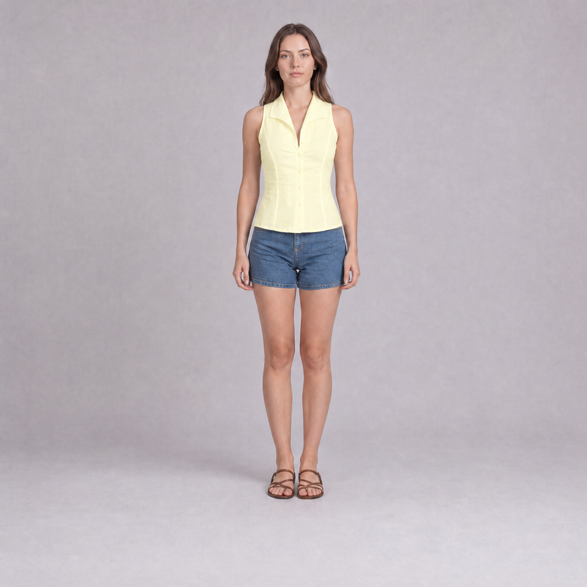Sleeveless Notch Collar Shirt — Butter Yellow