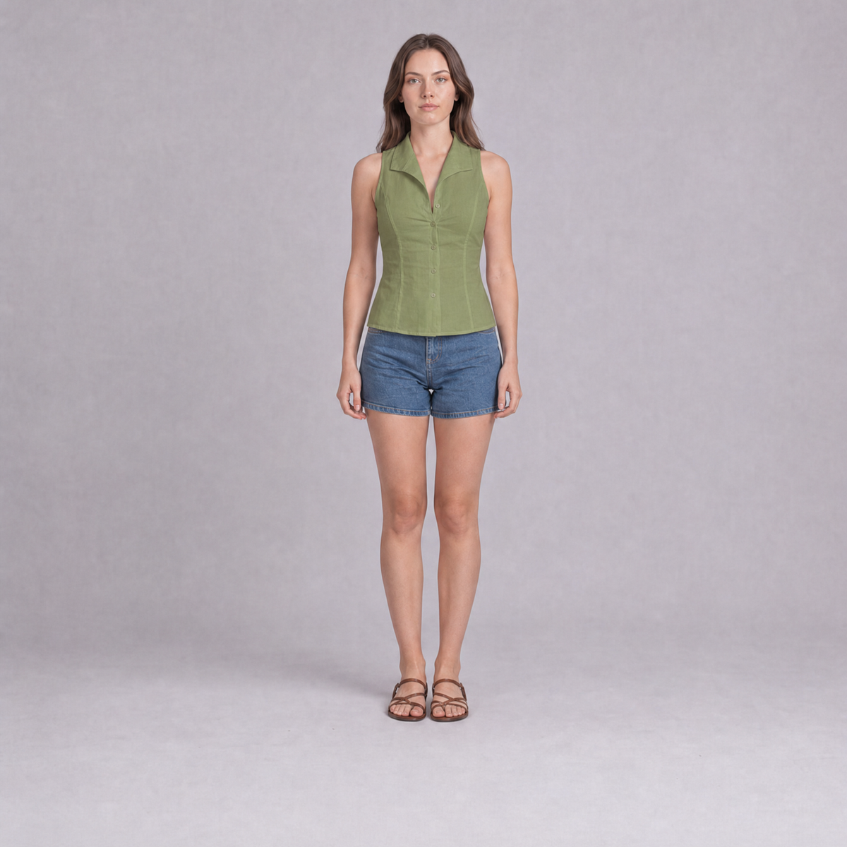 Sleeveless Notch Collar Shirt — Light Olive