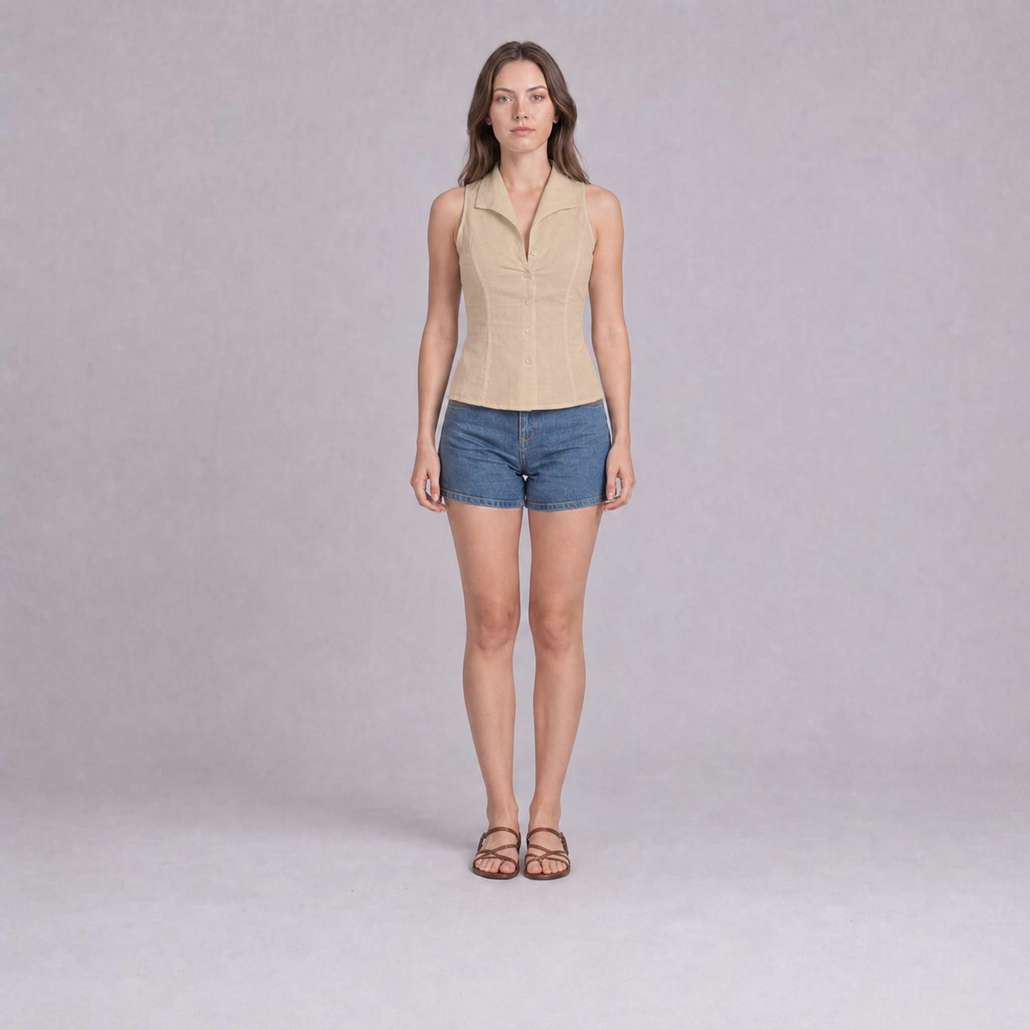 Sleeveless Notch Collar Shirt — Beige