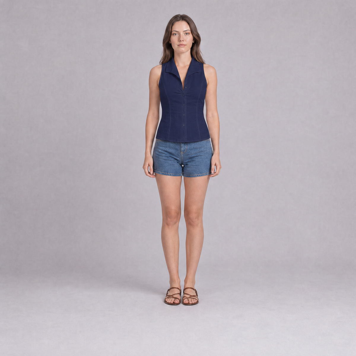 Sleeveless Notch Collar Shirt — Dark Blue