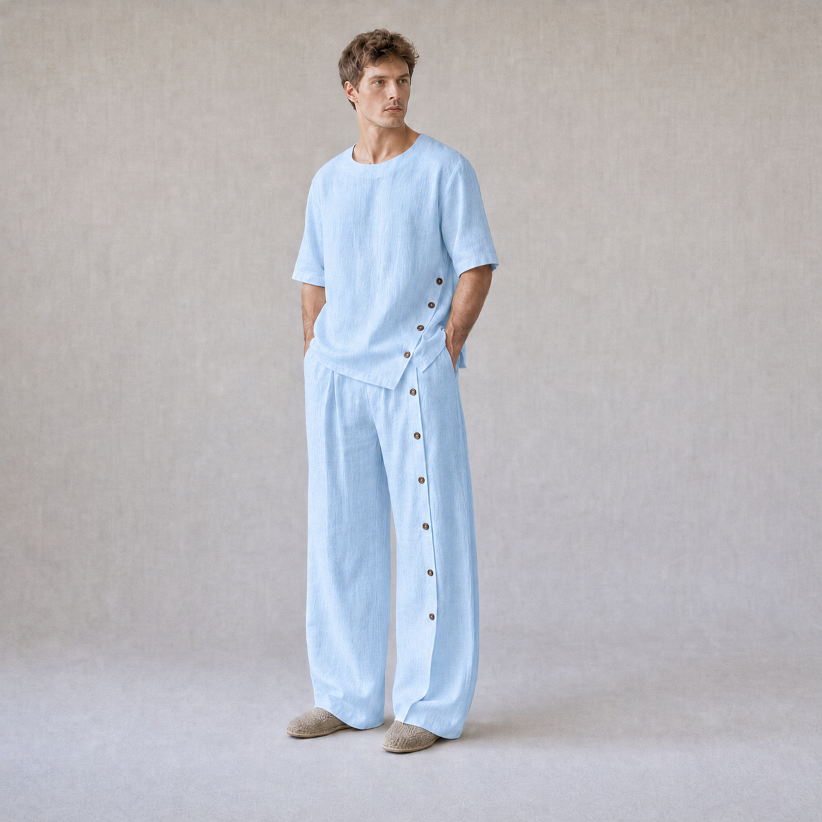 Cotton Linen Crew Neck Oversized T-Shirt with Button Side Trousers — Powder Blue