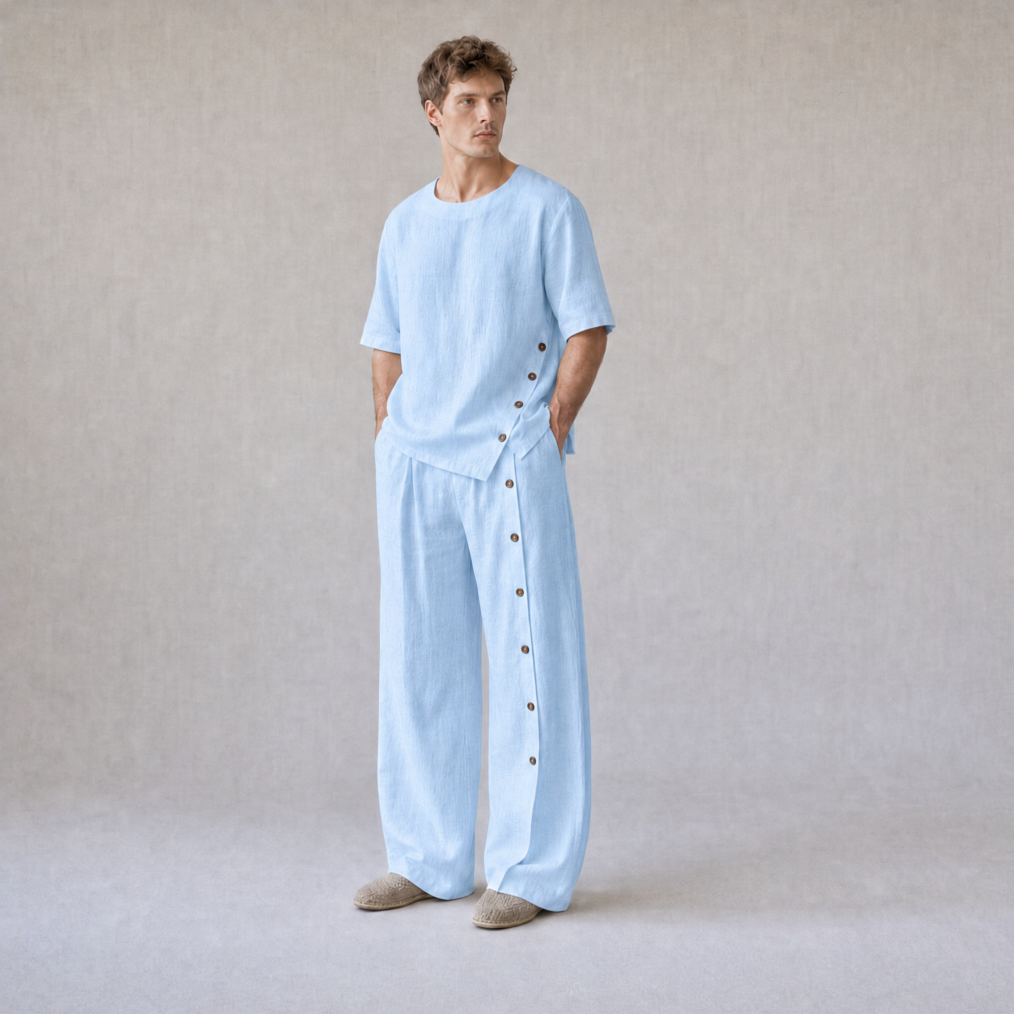 Cotton Linen Crew Neck Oversized T-Shirt with Button Side Trousers — Powder Blue
