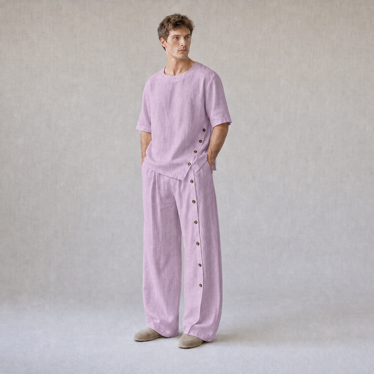 Cotton Linen Crew Neck Oversized T-Shirt with Button Side Trousers — Lilac