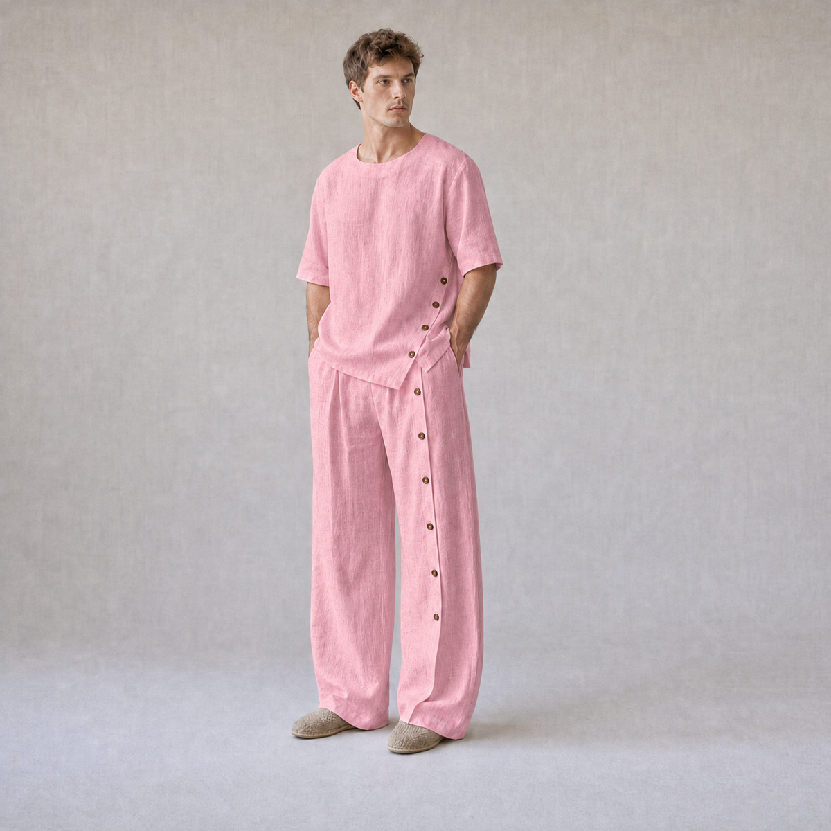Cotton Linen Crew Neck Oversized T-Shirt with Button Side Trousers — Soft Pink