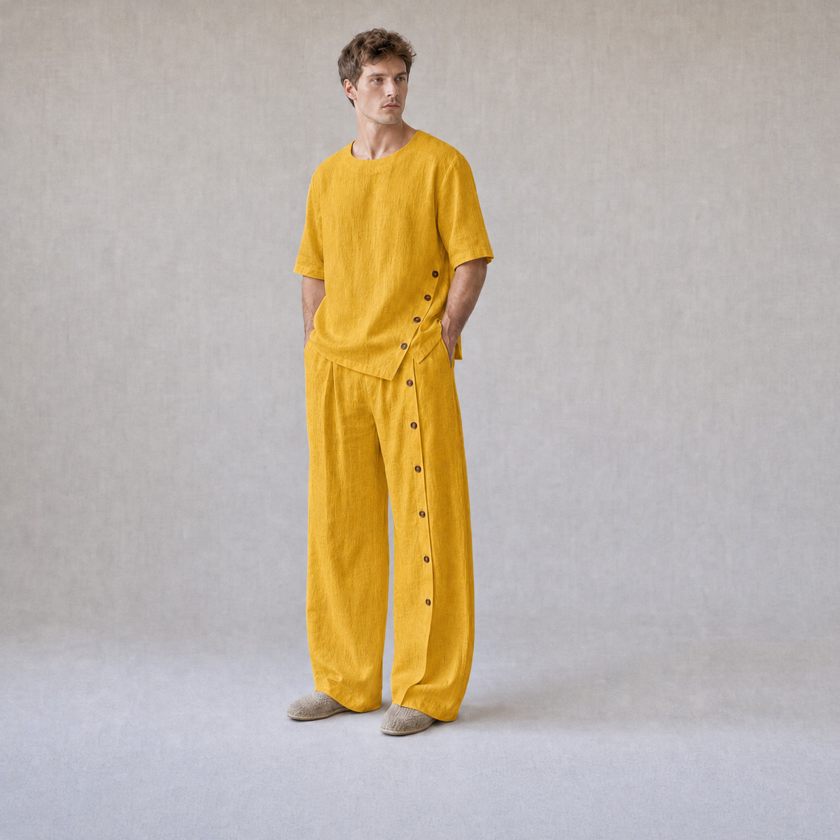 Cotton Linen Crew Neck Oversized T-Shirt with Button Side Trousers — Mustard