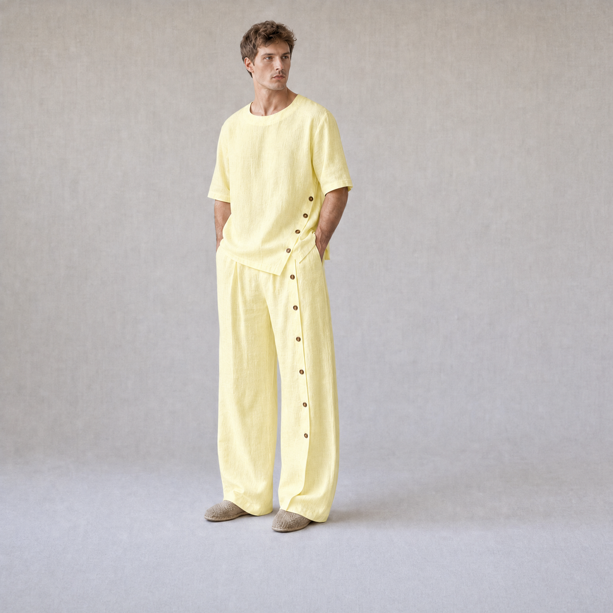 Cotton Linen Crew Neck Oversized T-Shirt with Button Side Trousers — Butter Yellow