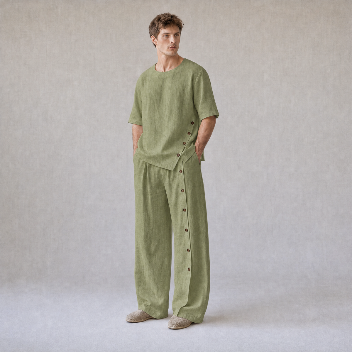 Cotton Linen Crew Neck Oversized T-Shirt with Button Side Trousers — Light Olive
