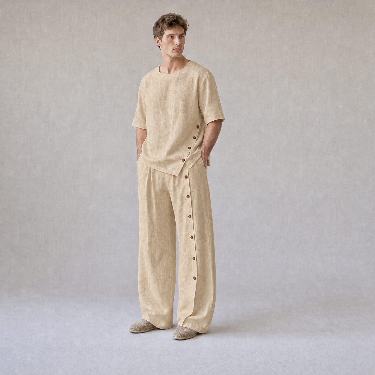 Cotton Linen Crew Neck Oversized T-Shirt with Button Side Trousers — Beige