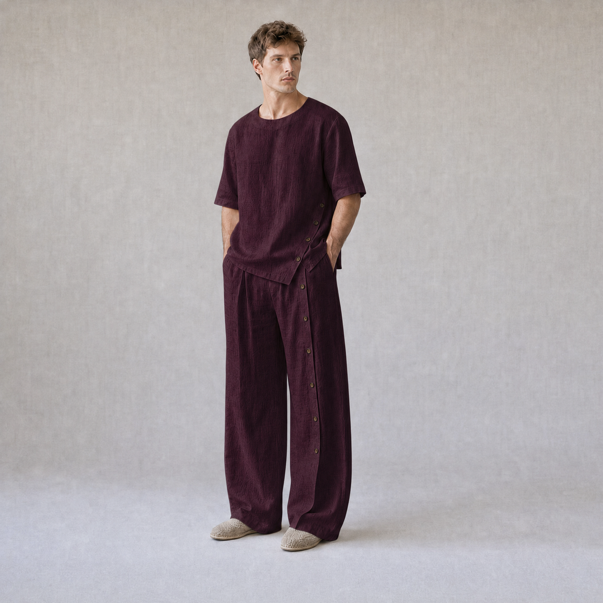 Cotton Linen Crew Neck Oversized T-Shirt with Button Side Trousers — Burnt Maroon