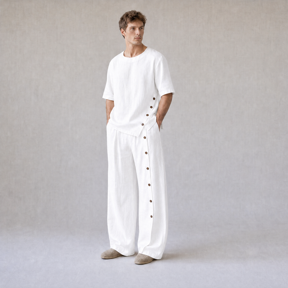 Cotton Linen Crew Neck Oversized T-Shirt with Button Side Trousers — White