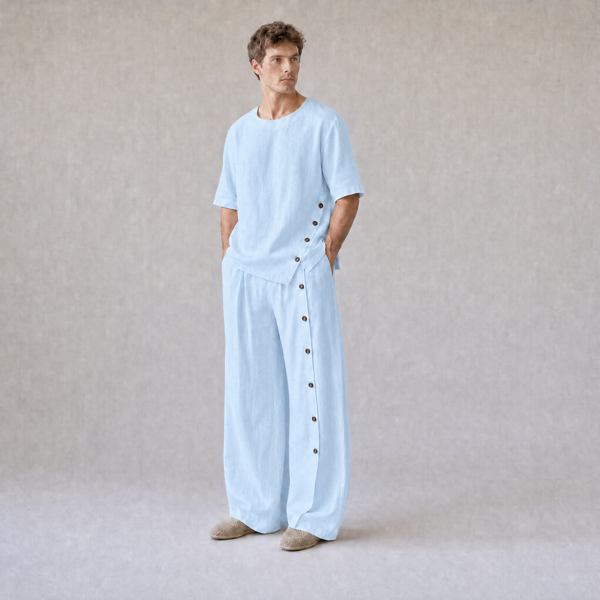 Linen Crew Neck Oversized T-Shirt with Button Side Trousers in Sky Blue