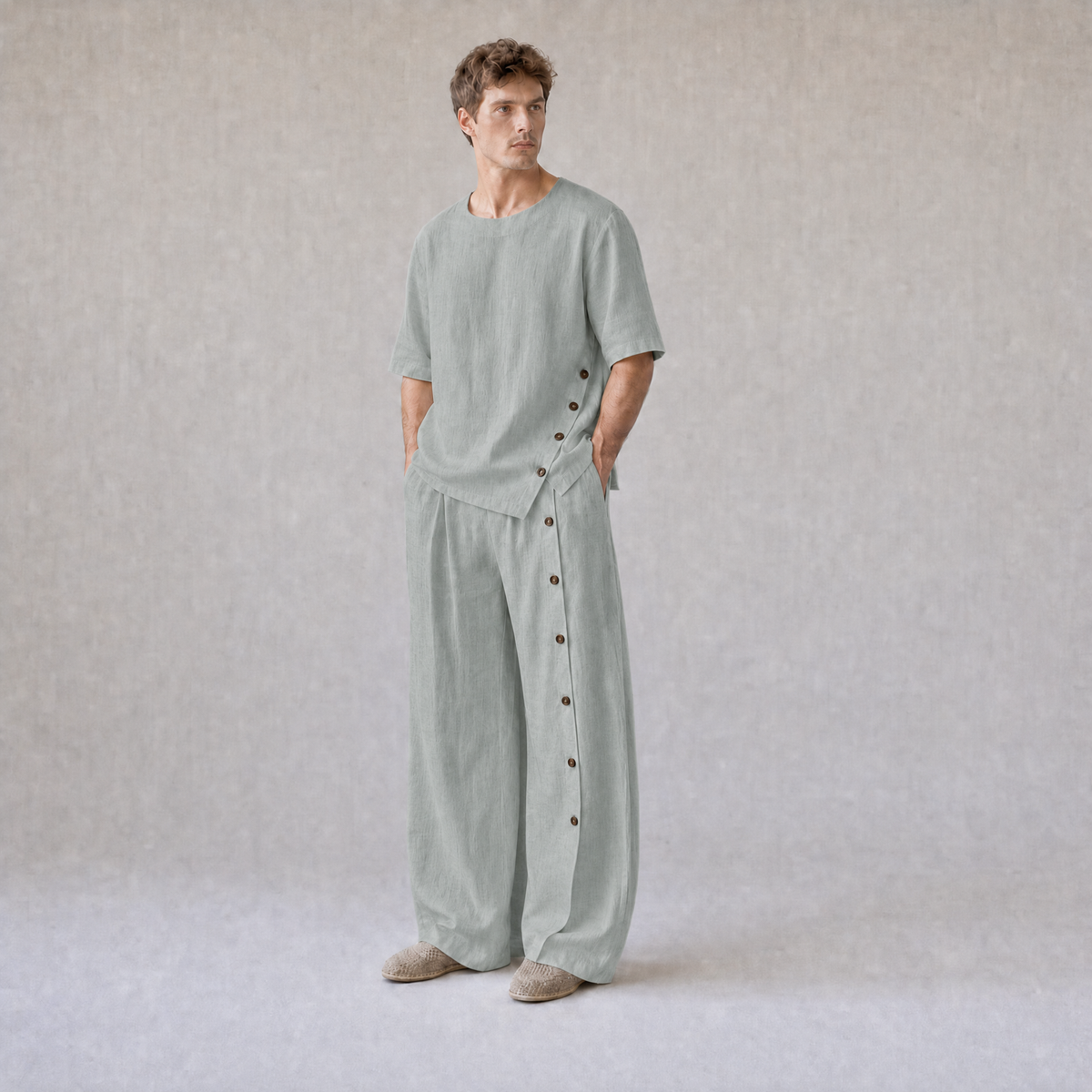 Linen Crew Neck Oversized T-Shirt with Button Side Trousers in Sage Grey