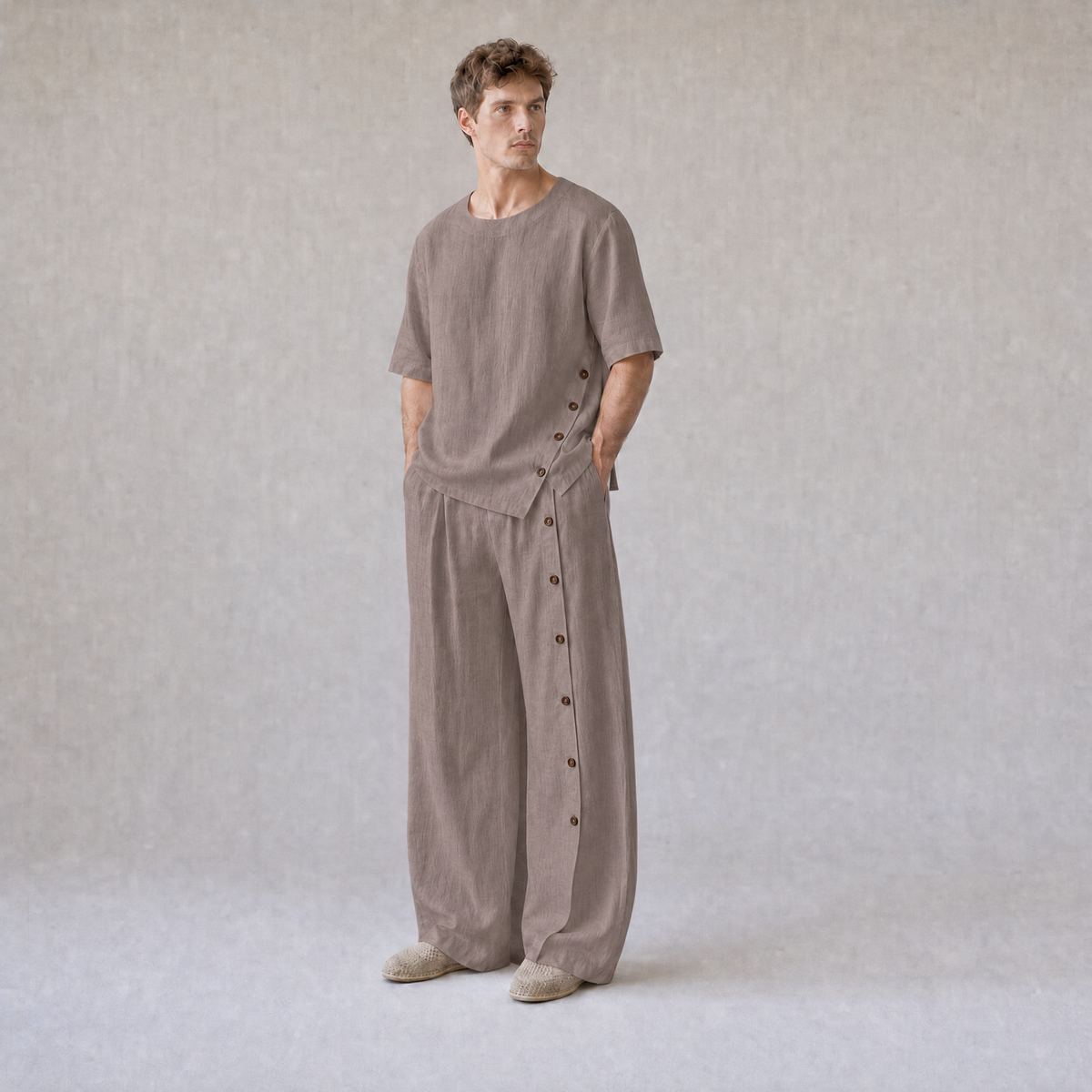 Linen Crew Neck Oversized T-Shirt with Button Side Trousers in Cocoa