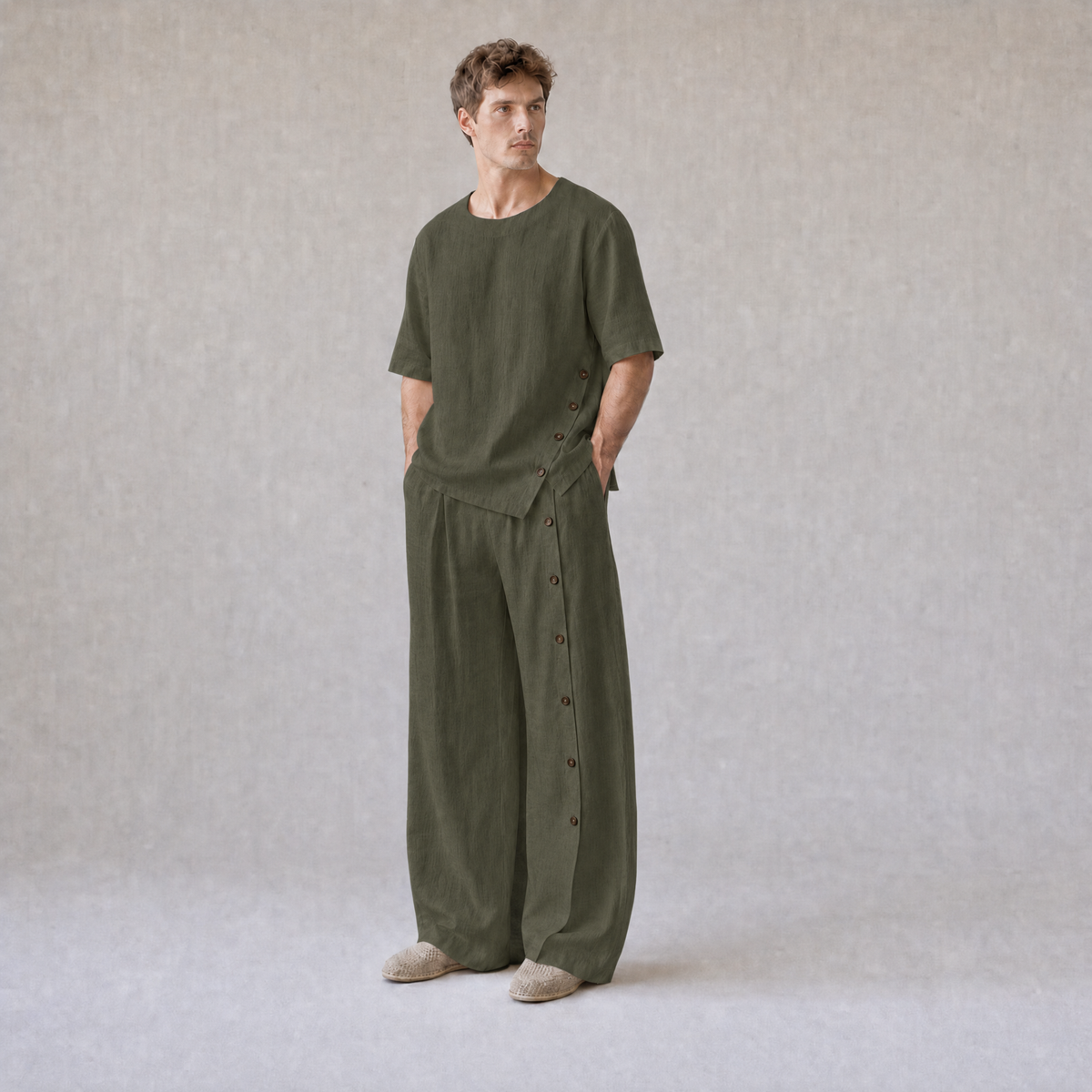 Linen Crew Neck Oversized T-Shirt with Button Side Trousers in Deep Olive