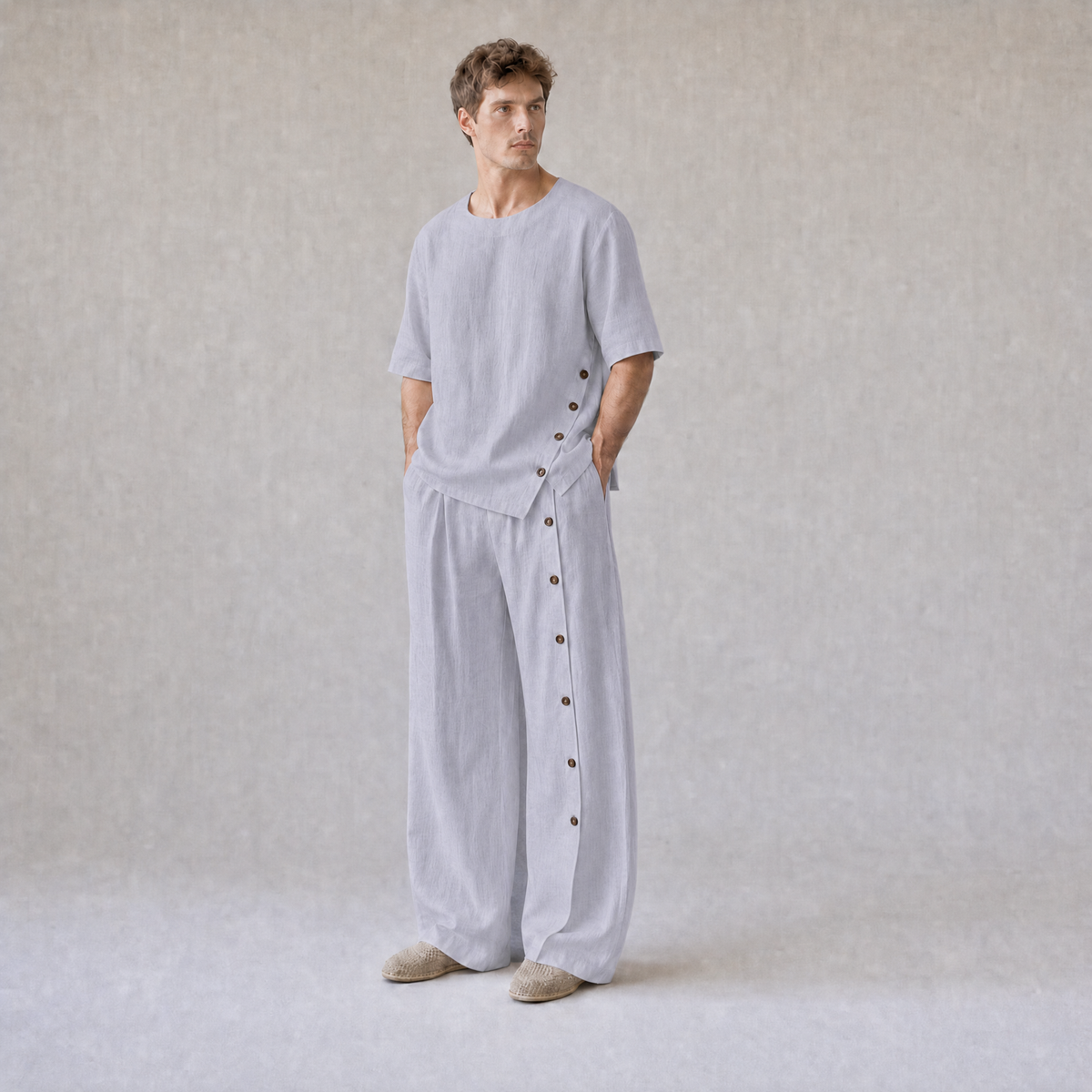 Linen Crew Neck Oversized T-Shirt with Button Side Trousers in Lavender Grey