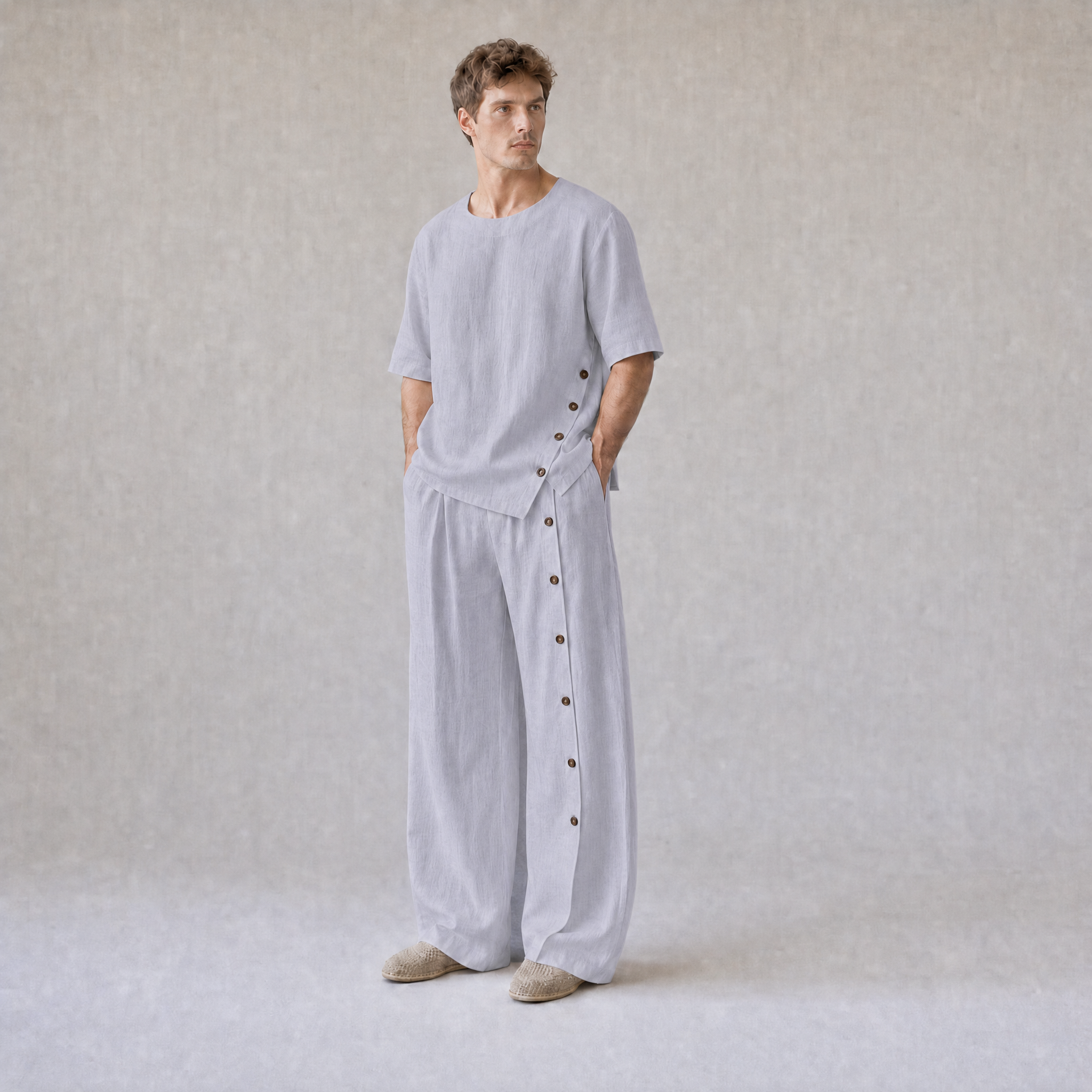 Linen Crew Neck Oversized T-Shirt with Button Side Trousers in Lavender Grey