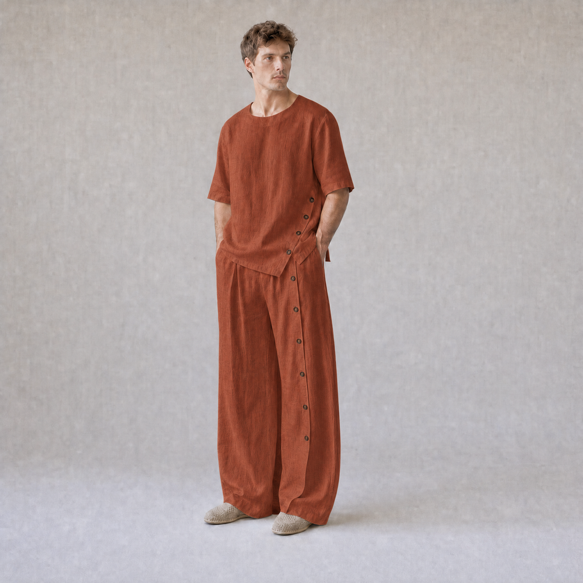 Linen Crew Neck Oversized T-Shirt with Button Side Trousers in Rust