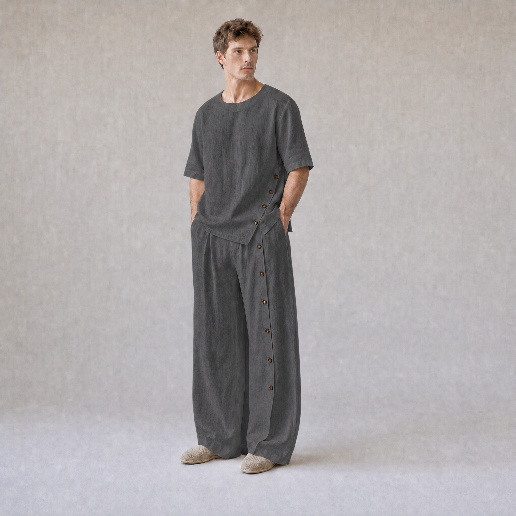 Linen Crew Neck Oversized T-Shirt with Button Side Trousers in Charcoal