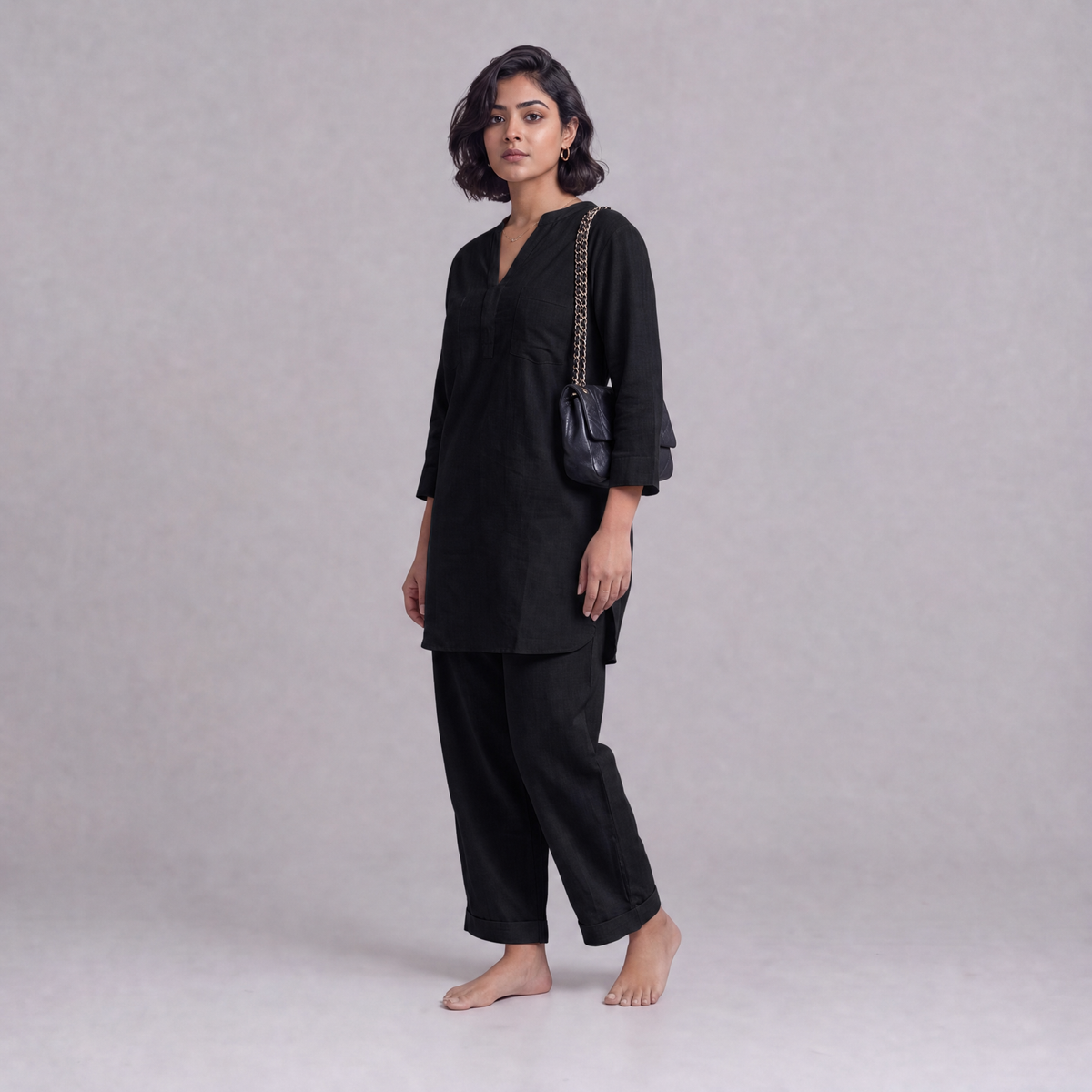 Linen Cotton Tunic & Straight Trouser Co-ord Set in Black