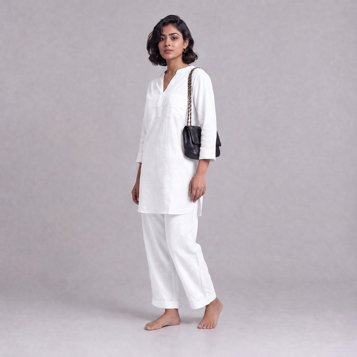 Linen Cotton Tunic & Straight Trouser Co-ord Set in White