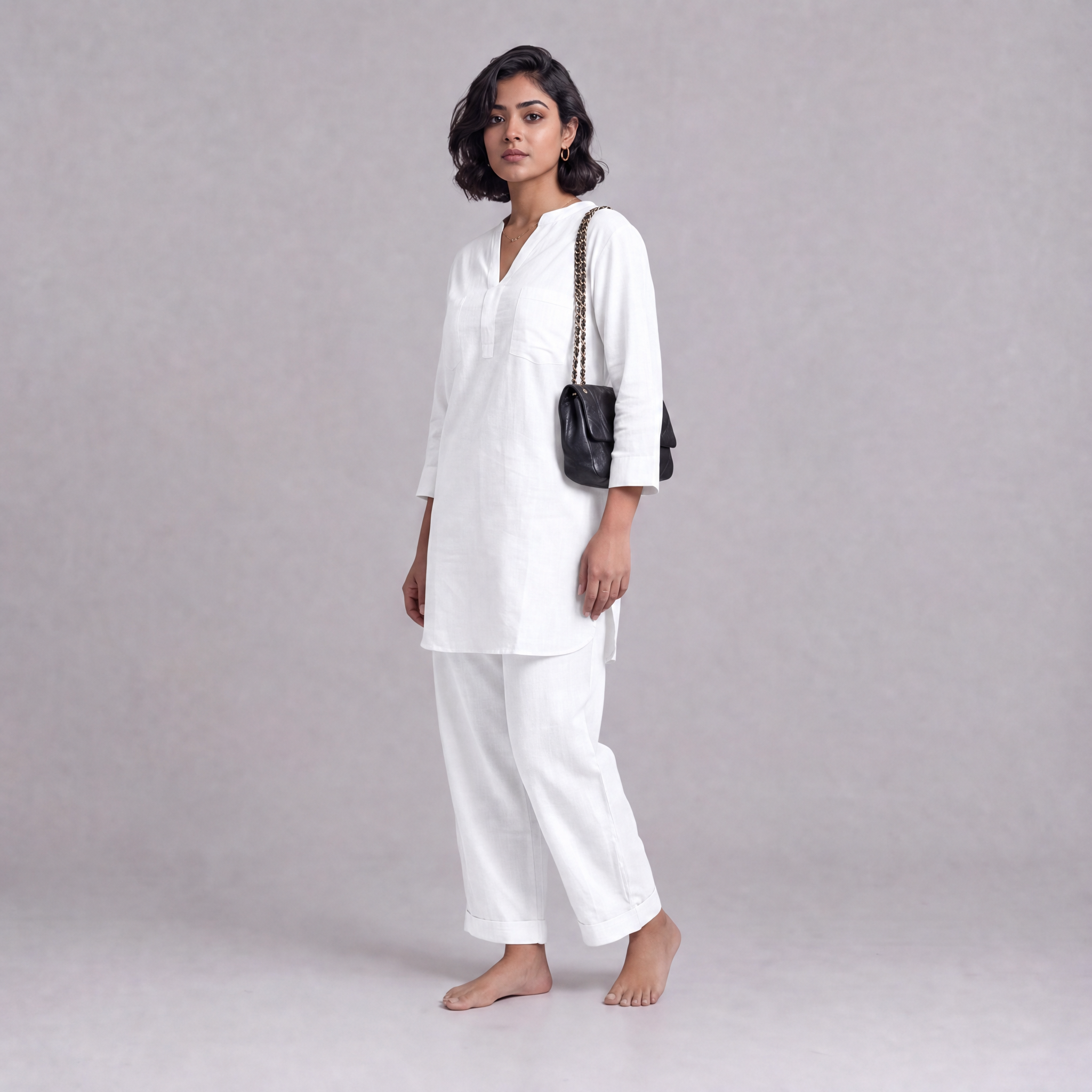 Linen Cotton Tunic & Straight Trouser Co-ord Set in White
