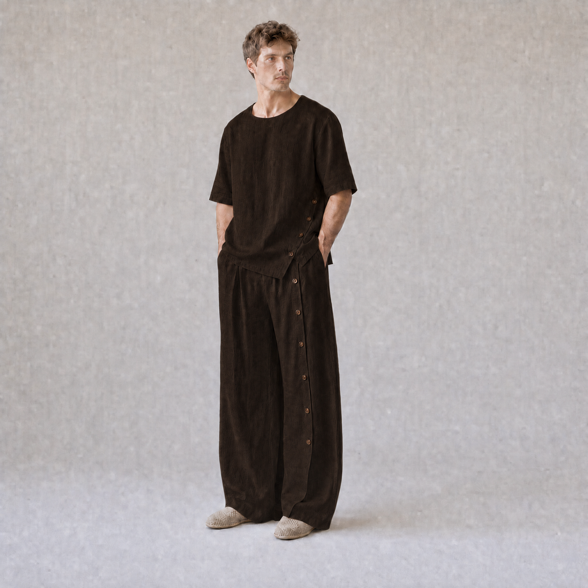 Linen Crew Neck Oversized T-Shirt with Button Side Trousers in Espresso
